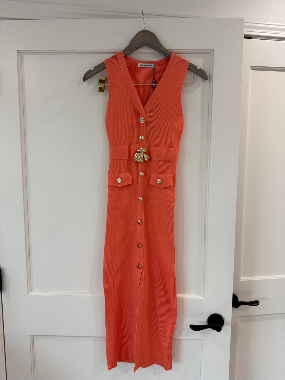 Sleeveless Coral Maxi Dress with Gold Button Accents